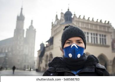 Woman Using A Mask, Protecting Herself From Smog, Krakow, Poland