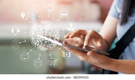 Woman using mobile payments online shopping and icon customer network connection on screen, m-banking and omni channel 