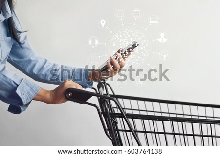 woman using mobile payments online shopping and icon customer network connection on screen, m-banking and omni channel