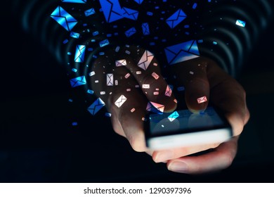 Woman Using Mobile Phone For Bulk Text Messaging In Dark Room Interior, Close Up Of Hands Typing Sms