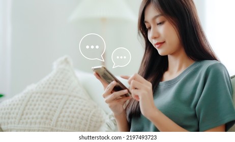 Woman Using Mobile Smartphone. Online Live Chat Chatting On Application Communication Digital Media Website And Social Network