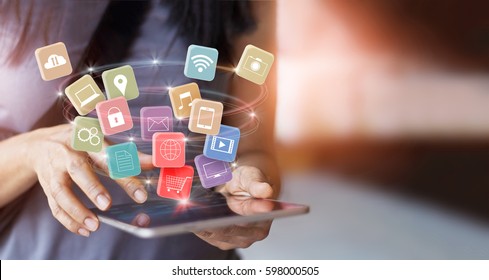 woman using mobile tablet payments online shopping and icon customer network connection on screen, pay all, m-banking and omni channel 