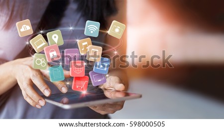 woman using mobile tablet payments online shopping and icon customer network connection on screen, pay all, m-banking and omni channel
 
