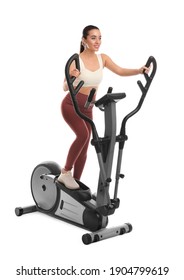 Woman Using Modern Elliptical Machine On White Background