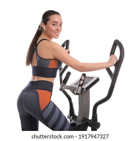 Woman Using Modern Elliptical Machine On White Background