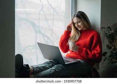 Woman Using Online Dating App On Laptop. Valentines Day, Dating, Meeting During The Coronavirus Outbreak. Love At Distance In The Time Of Coronavirus