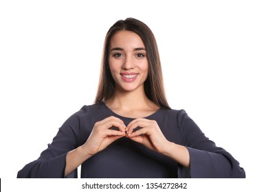 Woman Using Sign Language On White Background