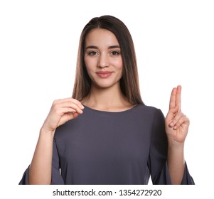 Woman Using Sign Language On White Background