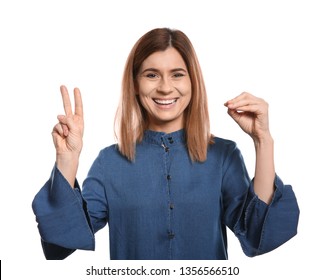 Woman Using Sign Language On White Background