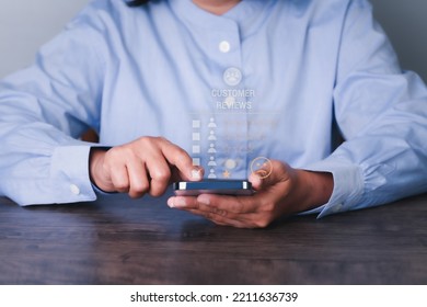 Woman Using Smart Phone For Customer Experience Dissatisfied Concept, Client With Sadness Emotion On Smartphone Screen, Bad Review, Bad Service Dislike Bad Quality, Low Rating, Social Media Not Good.