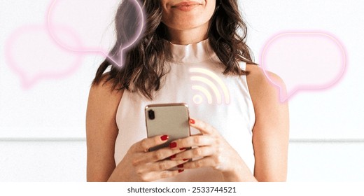 Woman using smartphone with chat bubbles. Messaging, communication, and smartphone use. Female interacting with mobile device, chat bubble, chatting online. Digital technology communication - Powered by Shutterstock