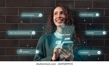 Woman using smartphone with holographic AI features in urban setting, showcasing technology in daily life