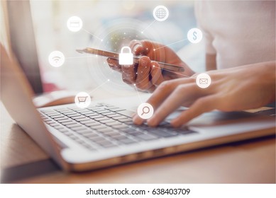 Woman using smartphone and laptop with icon graphic Cyber security network of connected devices and personal data security