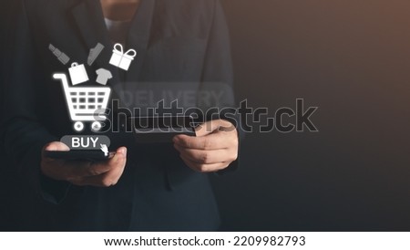 Woman using smartphone to shop online, using credit card, delivery service, virtual screen,