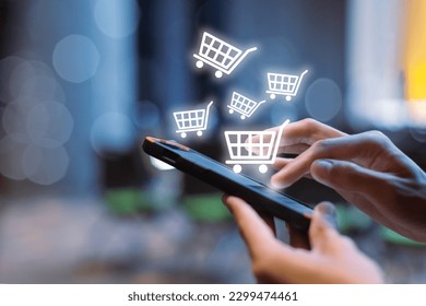 woman using smartphone shopping online, shopping cart icon on screen mobile phone. purchase payment on internet. online supermarket gadget.