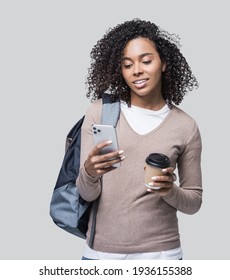 Woman Using Smartphone. Smiling Student Girl Holding Coffee Cup, Looking At Mobile Phone, Isolated. Modern Lifestyle, Connection, Business, Coffee Break, Travel, Web Chat, Social Media, Apps Concept