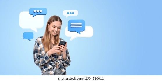 Woman using a smartphone, surrounded by various speech bubbles on a blue background. Concept of communication and social networking