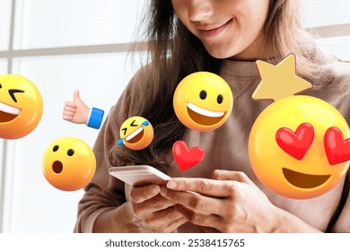 Woman using a smartphone surrounded by floating 3D emojis, including smiling, heart eyes, and thumbs up. 3D social media emojis floating from smartphone. Creative social media remix design - Powered by Shutterstock