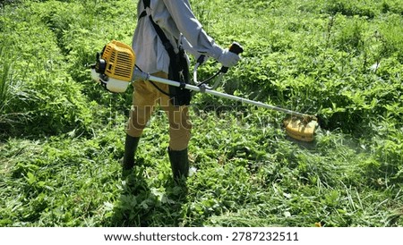 Woman using string trimmer to cut tall grass in a field during outdoor yard maintenance