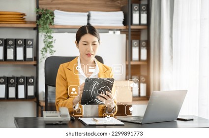 Woman is using a tablet to access the cloud computing system , Storage and data transfer Cloud network , Cloud technology. Networking and internet service concept