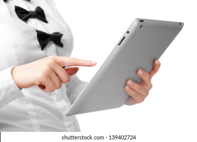 Woman Using A Tablet Computer. On White Background.