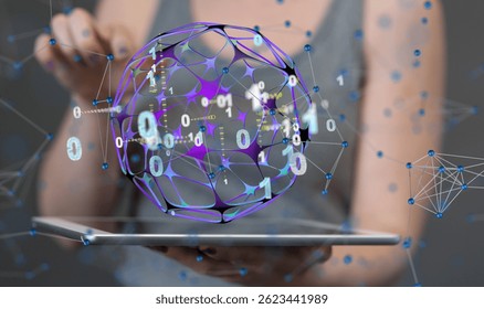 Woman using tablet, digital network sphere, data visualization