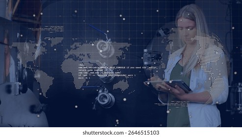 Woman using tablet with digital world map and data processing image. Technology, innovation, analytics, connectivity, data analysis, user interface - Powered by Shutterstock - Get 15% off with code: PIKWIZARD15