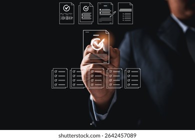 Woman using tablet, laptop futuristic digital interface icons manages checklist online quality control document management system streamlining workflow approval, advanced concept of modern efficiency