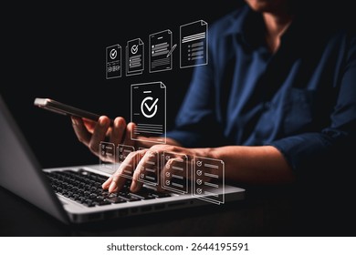 Woman using tablet, laptop futuristic digital interface icons manages checklist online quality control document management system streamlining workflow approval, advanced concept of modern efficiency