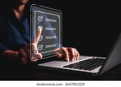 Woman using tablet, laptop futuristic digital interface icons manages checklist online quality control document management system streamlining workflow approval, advanced concept of modern efficiency