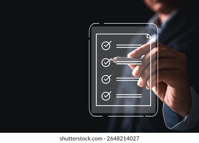 Woman using tablet, laptop futuristic digital interface icons manages checklist online quality control document management system streamlining workflow approval, advanced concept of modern efficiency