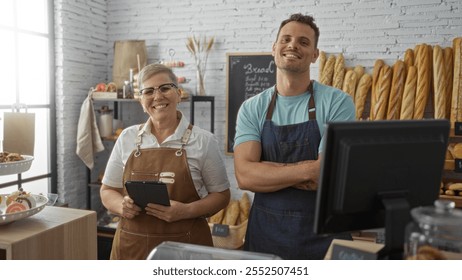 Woman using tablet and man with arms crossed smiling inside a cozy bakery interior with bread in the background. - Powered by Shutterstock