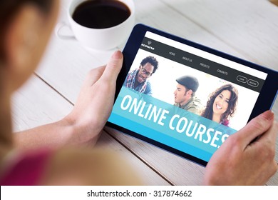 Woman Using Tablet Pc Against Online Courses Interface