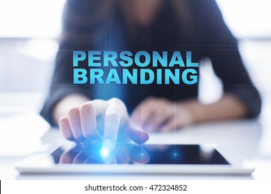Woman is using tablet pc, pressing on virtual screen and select "Personal Branding"