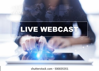 Woman Is Using Tablet Pc, Pressing On Virtual Screen And Selecting Live Webcast