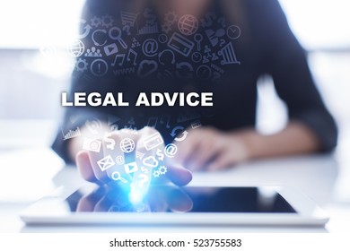 Woman Is Using Tablet Pc, Pressing On Virtual Screen And Selecting Legal Advice.