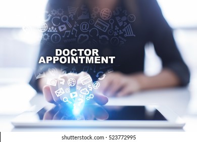 Woman Is Using Tablet Pc, Pressing On Virtual Screen And Selecting Doctor Appointment.