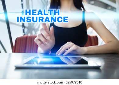 Woman Is Using Tablet Pc, Pressing On Virtual Screen And Selecting Health Insurance.