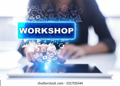 Woman Is Using Tablet Pc, Pressing On Virtual Screen And Selecting Workshop.