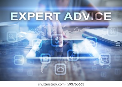 Woman using tablet pc, pressing on virtual screen and selecting expert advice.