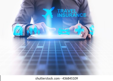 Woman Is Using Tablet Pc And Selecting A Kind Of Insurance. Travel Insurance.