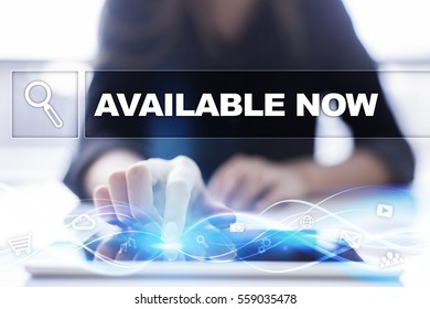 Woman using tablet pc and selecting available now.