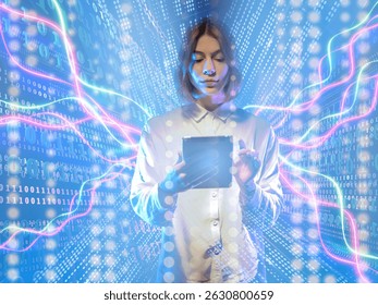 Woman using tablet surrounded by binary code and glowing data streams, symbolizing AI, big data, and digital innovation. – IT. Data Science. Artificial Intelligence.