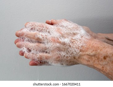 Woman Using An Thorough Handwashing Technique In Order To Avoid Contagion From Coronavirus And Bacteria.

