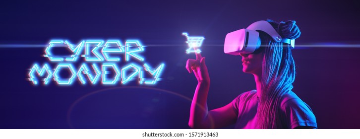 Woman is using virtual reality headset with inscription. Cyber Monday concept. - Powered by Shutterstock