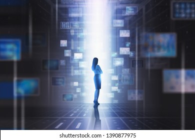 Woman using virtual telecommunication digital interface. Concept of computer engineering, modern technology and business. Toned image double exposure blur