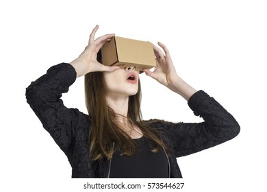 Woman Using VR Cardboard Goggles Isolated