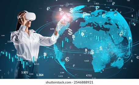 Woman using VR headset with holographic world map and currency symbols, digital financial data overlay, blue background, tech finance concept - Powered by Shutterstock