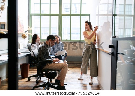 Woman using whiteboard in a small team meeting