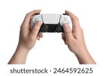 Woman using wireless game controller on white background, closeup